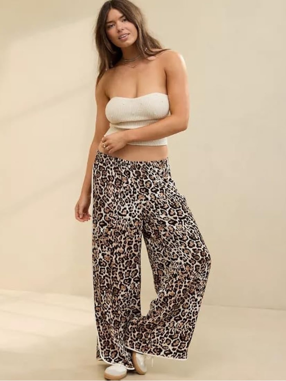 Aerie Off-Duty Satin Piping Trouser PJ Pants Leopard Wide Leg Great Condition M
